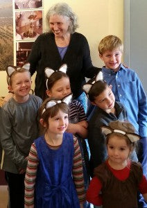Katie and Maya (blue jumper) at the Badger Kids party.