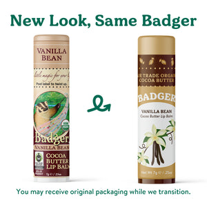 vanilla bean cocoa butter lip balm new look, same badger