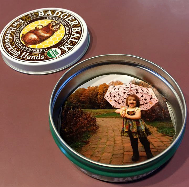 Repurposing a Badger Balm Tin into a picture frame - perfect birthday party favors!
