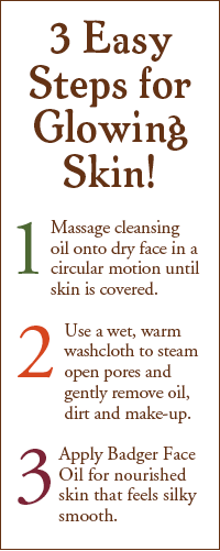 Badger's oil cleansing method in 3 easy steps: massage into dry skin, use a warm, wet washcloth to gently remove soiled oil, and follow with Badger Face Oil
